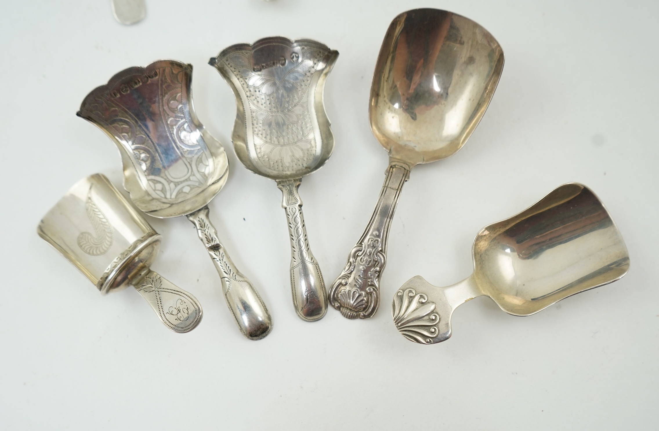 Ten assorted mainly 19th century silver caddy spoons, most with shovel bowls